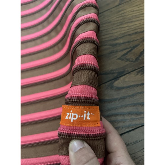 ZIP IT Tote Purse Bag One Long Zipper Handle Pink Brown Zipit‎ Zipper Satchel - Picture 2 of 7